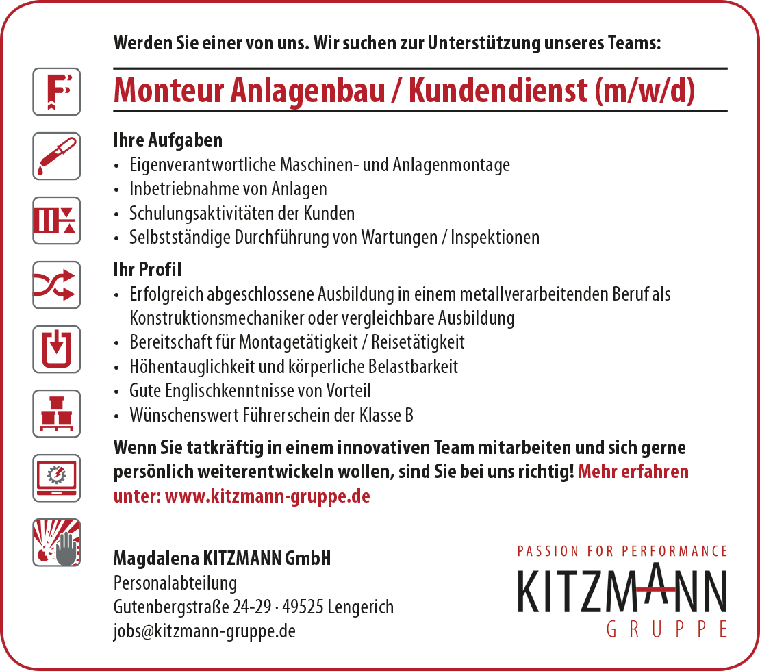 Stellenangebot Monteur Anlagenbau/Kundendienst (m/w/d) Stellenangebot Monteur Anlagenbau/Kundendienst (m/w/d)