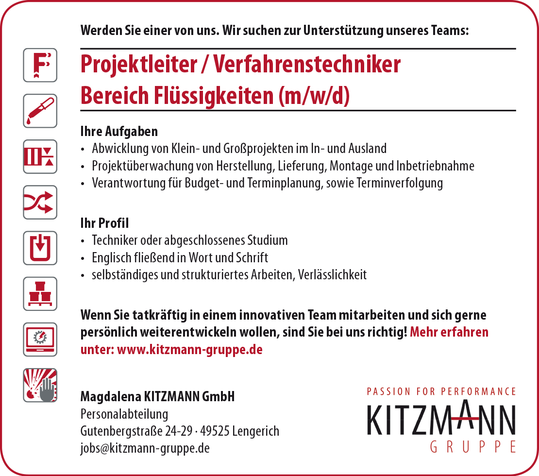 Stellenangebot Projektleiter / Verfahrenstechniker Bereich Flüssigkeiten (m/w/d) Stellenangebot Projektleiter / Verfahrenstechniker Bereich Flüssigkeiten (m/w/d)